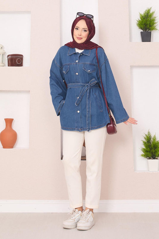 Pocket Detailed Removable Belted Denim Jacket Blue