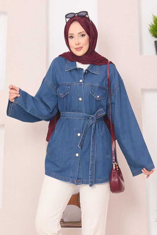 Veste en jean bleue avec poches et ceinture amovible