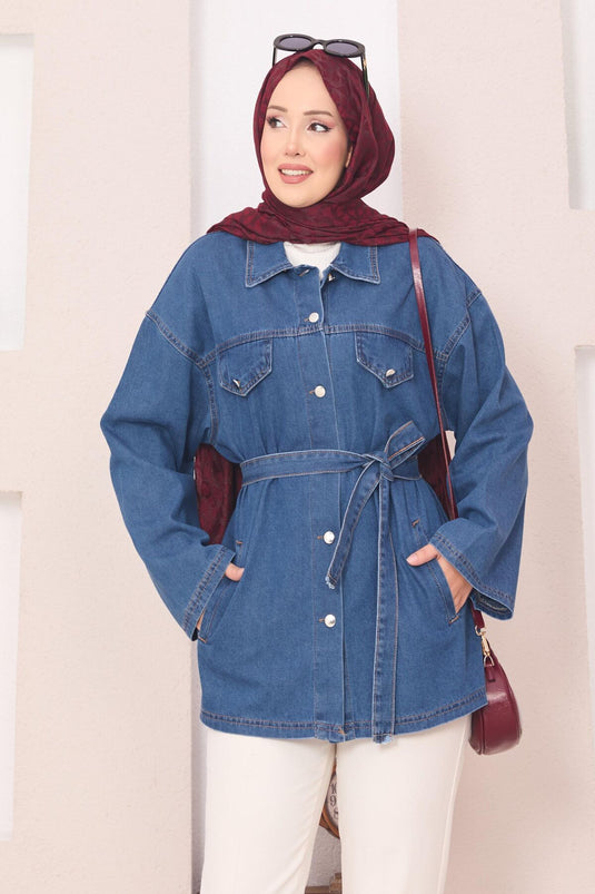 Pocket Detailed Removable Belted Denim Jacket Blue