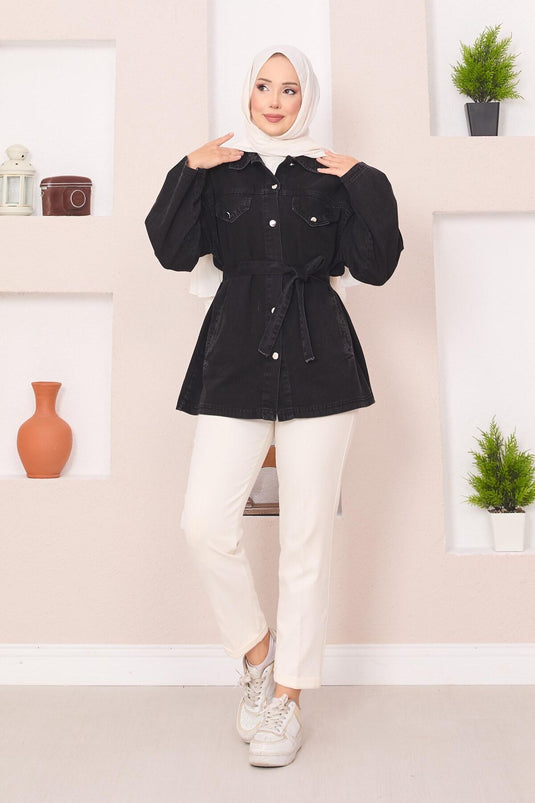 Veste en jean noire à poches et ceinture amovible