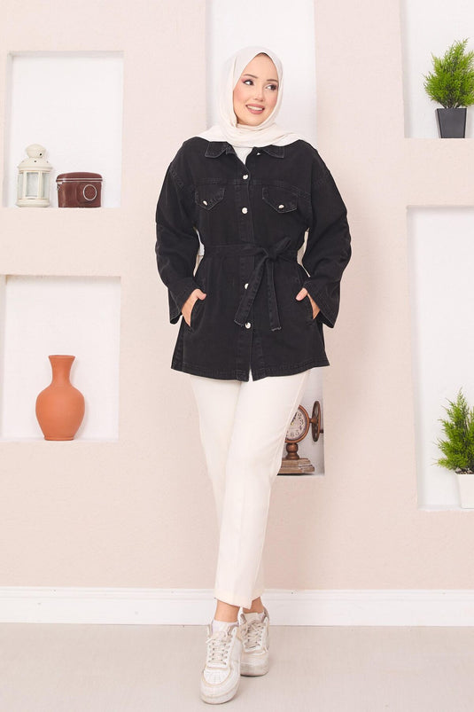 Veste en jean noire à poches et ceinture amovible