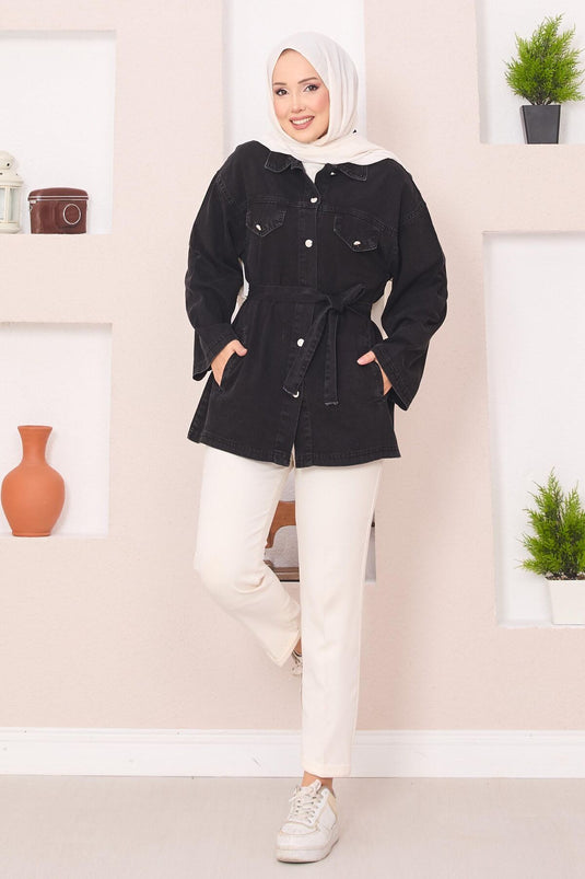 Veste en jean noire à poches et ceinture amovible