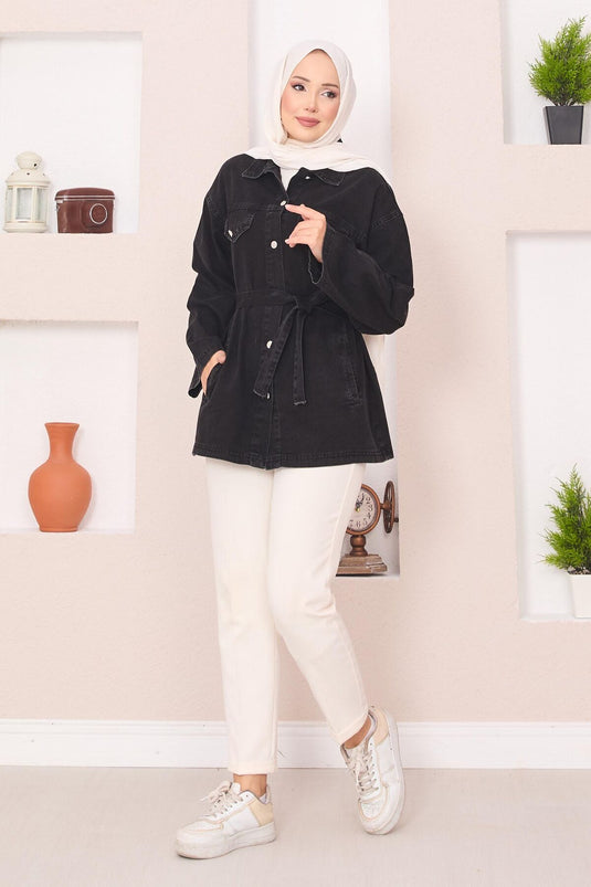 Veste en jean noire à poches et ceinture amovible