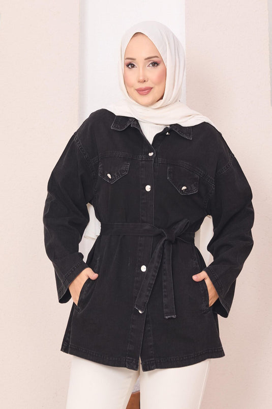 Pocket Detailed Removable Belted Denim Jacket Black
