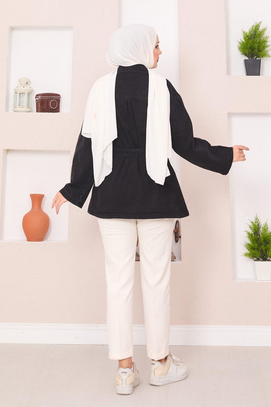 Veste en jean noire à poches et ceinture amovible