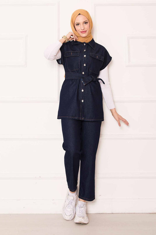 بدلة جينز بجيب وحزام قابل للإزالة، أزرق داكن