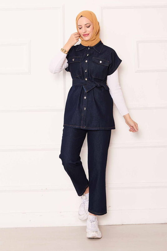 بدلة جينز بجيب وحزام قابل للإزالة، أزرق داكن