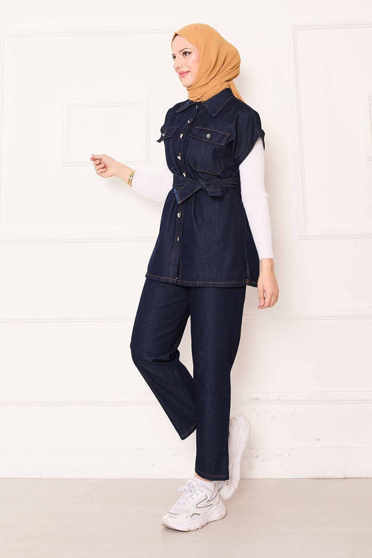 بدلة جينز بجيب وحزام قابل للإزالة، أزرق داكن
