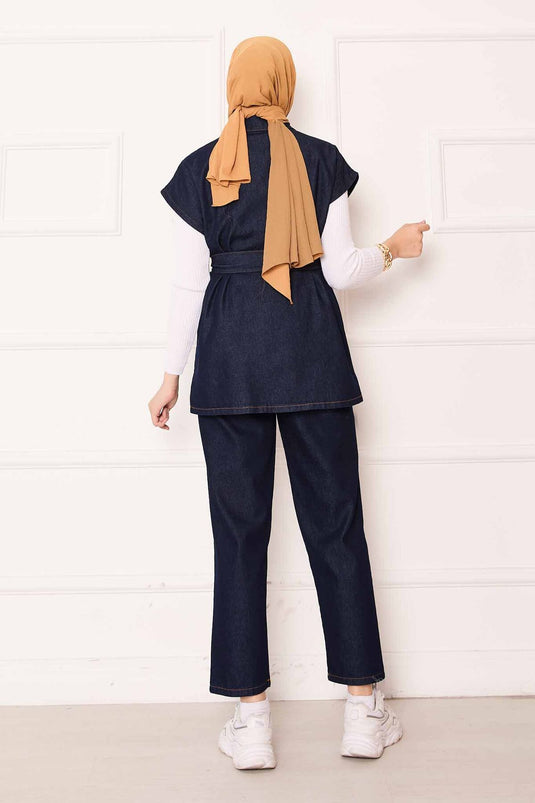 بدلة جينز بجيب وحزام قابل للإزالة، أزرق داكن