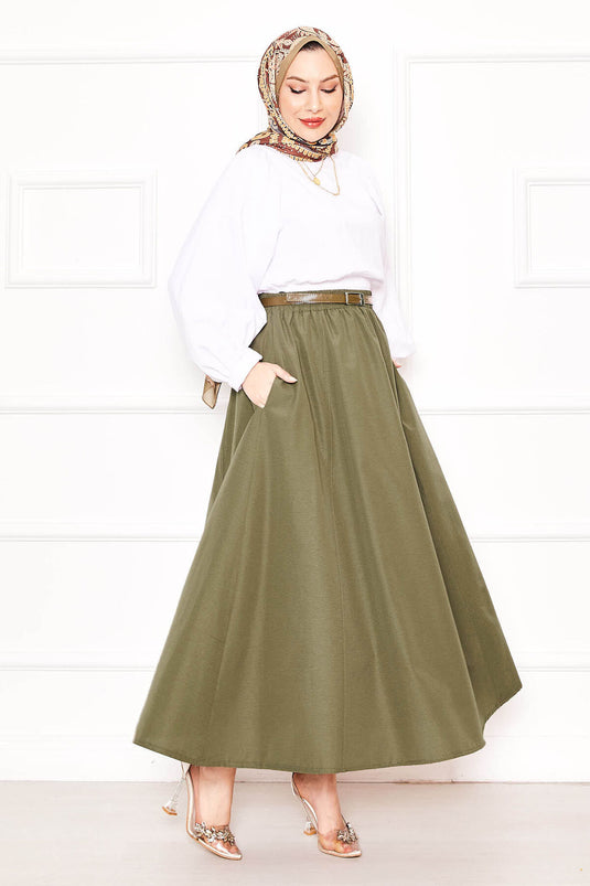 Cep Detaylı Spor Terikoton Etek Haki