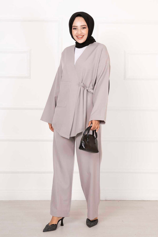 Cep Detaylı Yandan Bağlamalı İkili Takım Gri