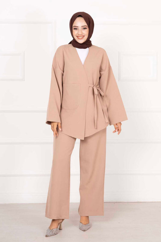 Detailed Side-Tied Two-Piece Set in Beige