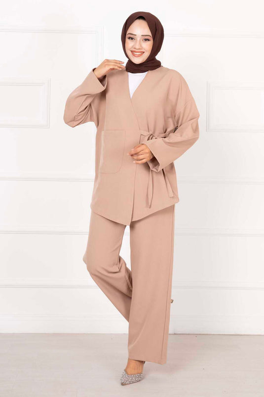 Detailed Side-Tied Two-Piece Set in Beige