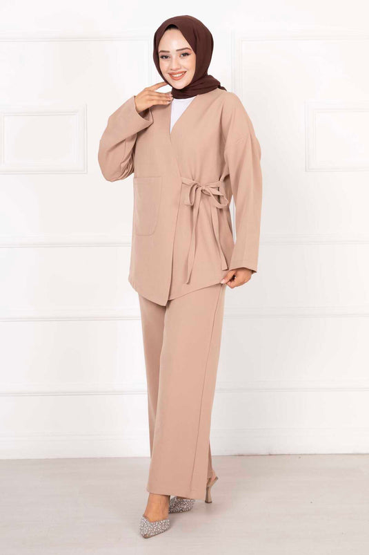 Detailed Side-Tied Two-Piece Set in Beige