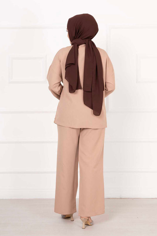 Detailed Side-Tied Two-Piece Set in Beige