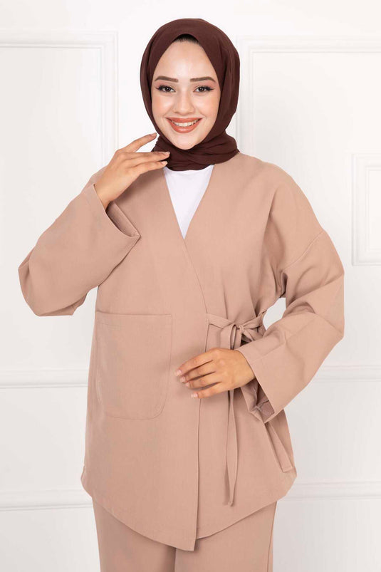 Detailed Side-Tied Two-Piece Set in Beige