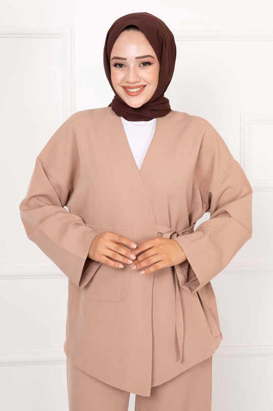 Detailed Side-Tied Two-Piece Set in Beige