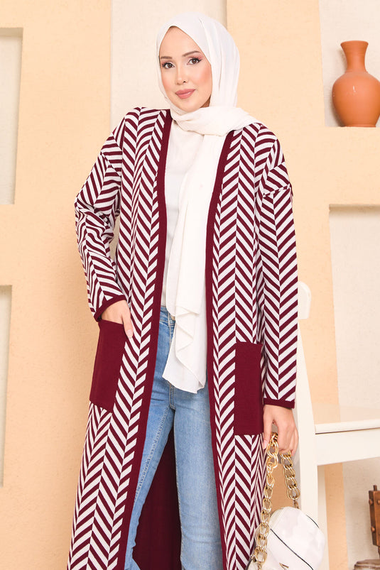 كارديجان تريكو للحجاب بخطوط متعرجة مع تفاصيل جيوب، لون عنابي