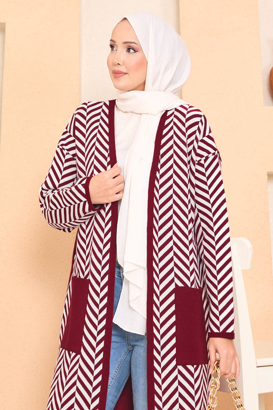 Zigzag Striped Hijab Knitwear Cardigan with Pocket Detail, Burgundy