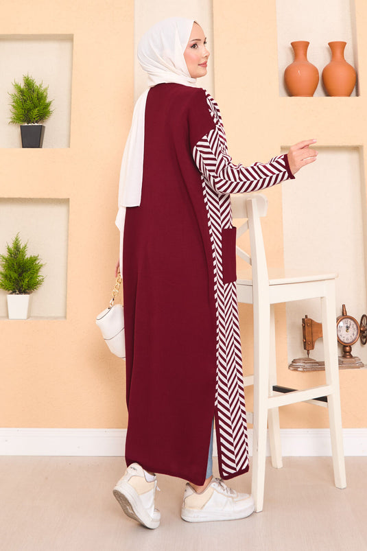 Zigzag Striped Hijab Knitwear Cardigan with Pocket Detail, Burgundy