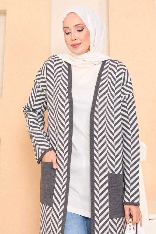 كارديجان حجاب مخطط متعرج مع تفاصيل جيوب باللون الرمادي