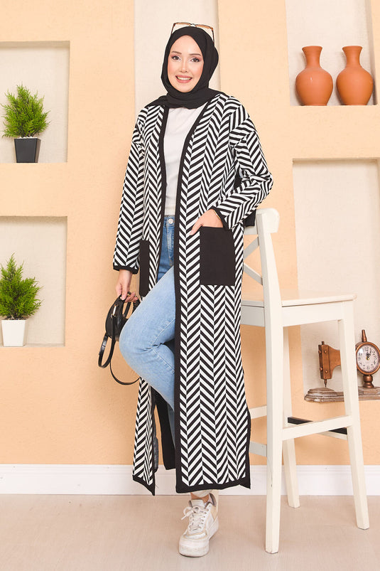 Cardigan hijab en tricot à rayures en zigzag avec poches détaillées, noir