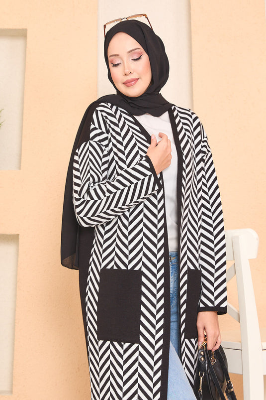 Cardigan hijab en tricot à rayures en zigzag avec poches détaillées, noir