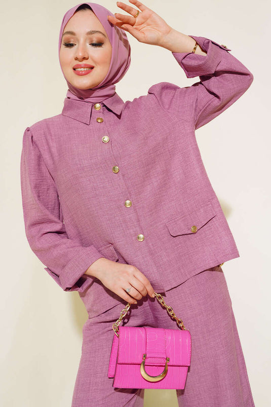 Cep Düğme Detaylı Keten İkili Takım Gül Kurusu