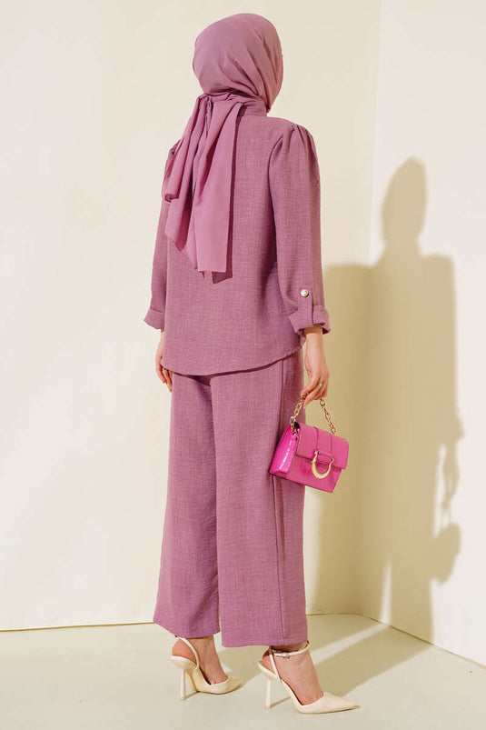 Cep Düğme Detaylı Keten İkili Takım Gül Kurusu