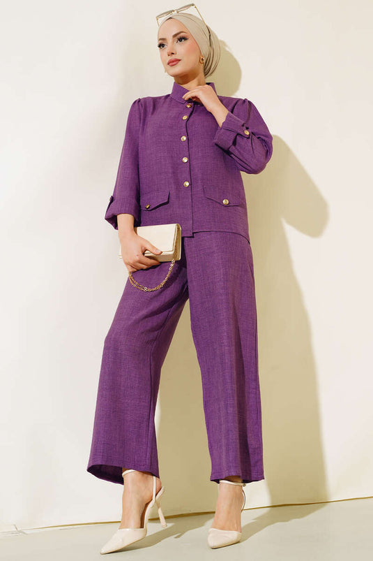 Button Detail Linen Set Purple