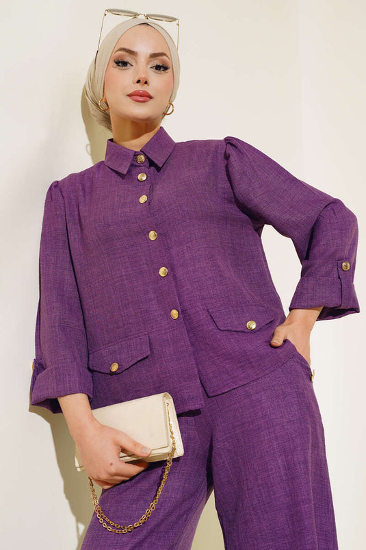 Button Detail Linen Set Purple