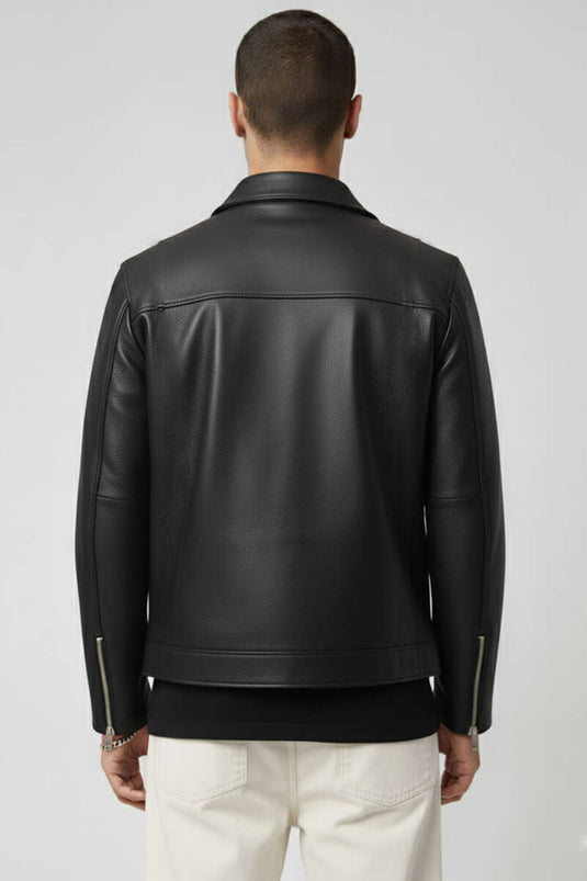 Schwarze Lederjacke mit Reißverschlusstaschen