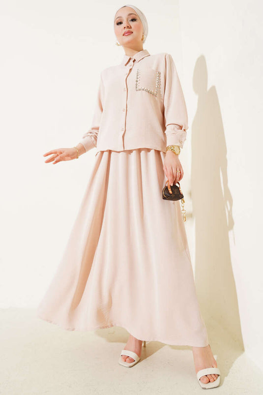 Abito Ayrobin in due pezzi con gonna a perle e tasca beige