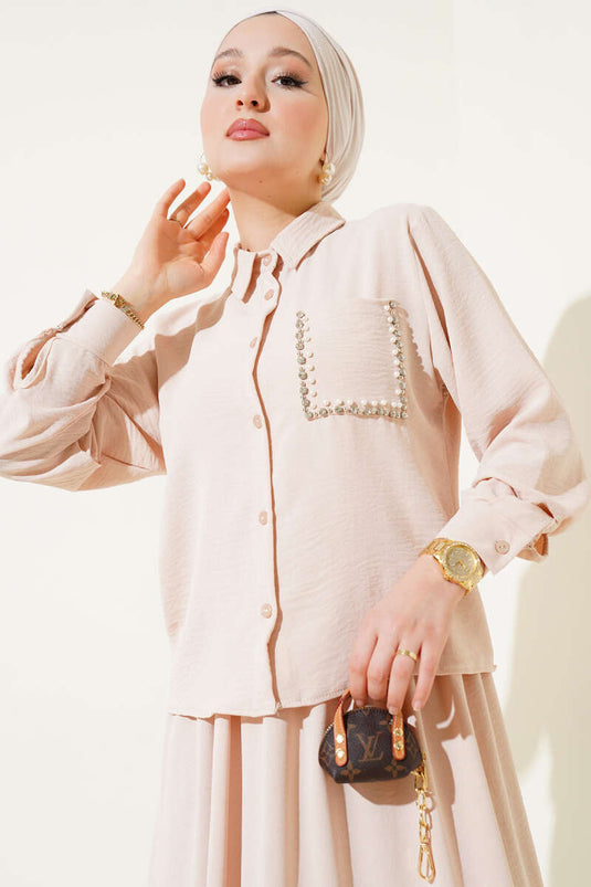 Abito Ayrobin in due pezzi con gonna a perle e tasca beige