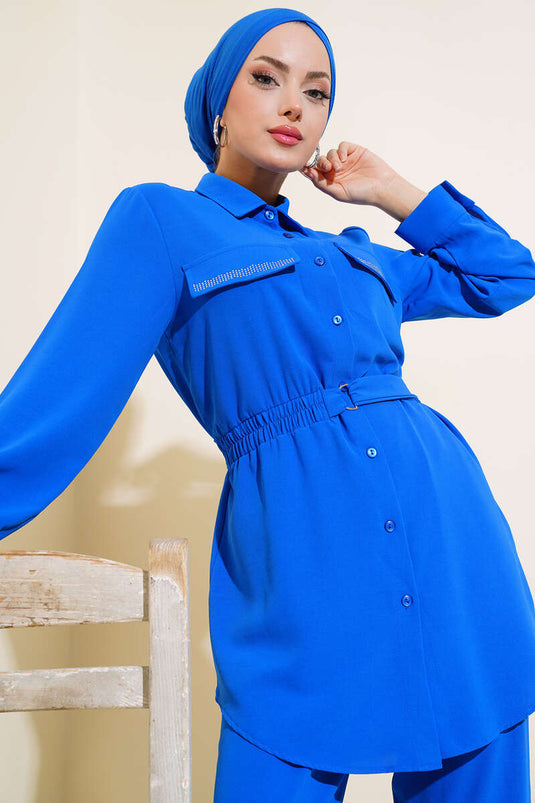 Cep Kapağı Taşlı İkili Takım Saks