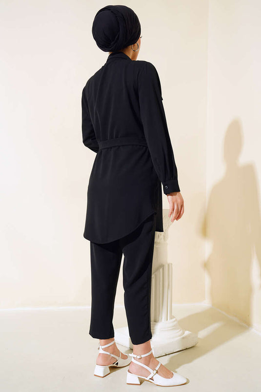 Stone-Embellished Cap Cover Two-Piece Set Black