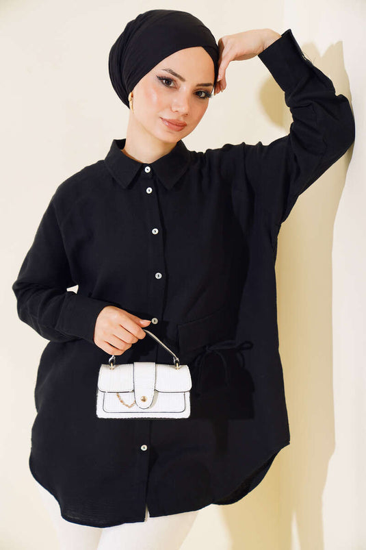 Spitzenhemd mit Taschenbezug, Schwarz