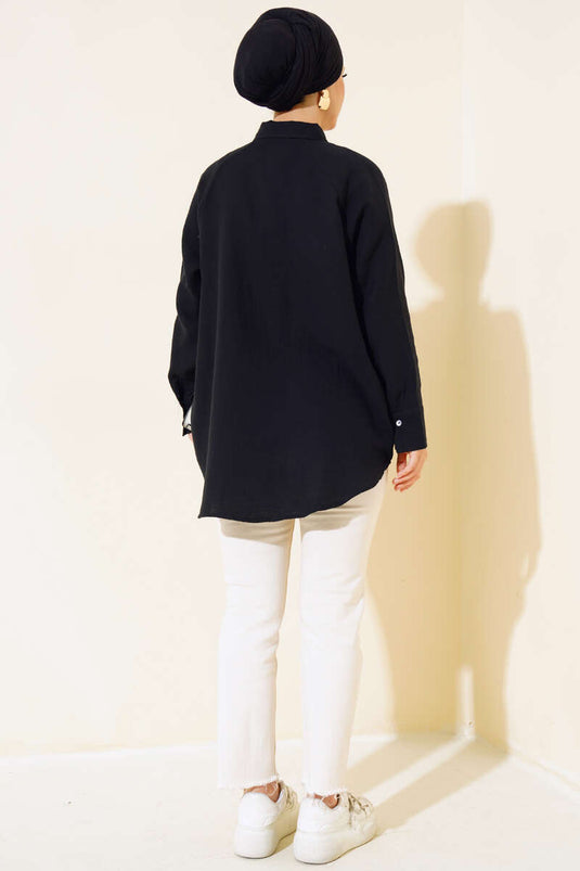 Spitzenhemd mit Taschenbezug, Schwarz