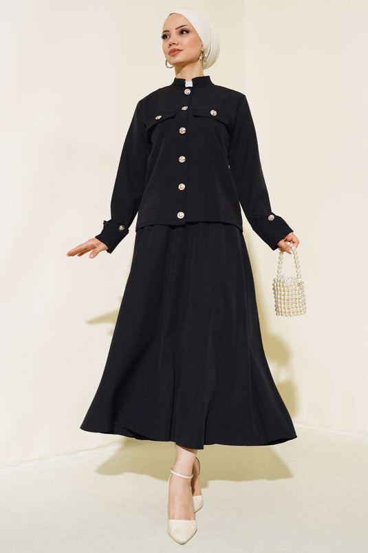 بدلة مزدوجة بجيب مفصل باللون الأسود