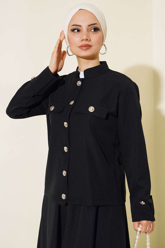 بدلة مزدوجة بجيب مفصل باللون الأسود