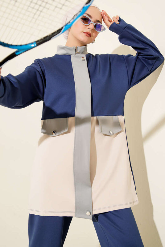 بدلة غوص من قطعتين بتفاصيل جيب، أزرق داكن