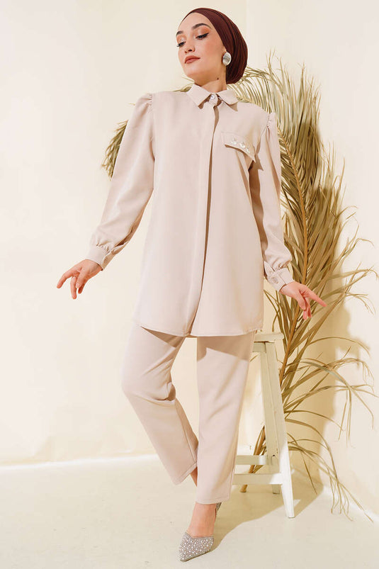 Beige Two-Piece Set with Cap Cover Stone Detail