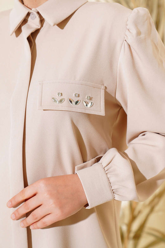 Beige Two-Piece Set with Cap Cover Stone Detail