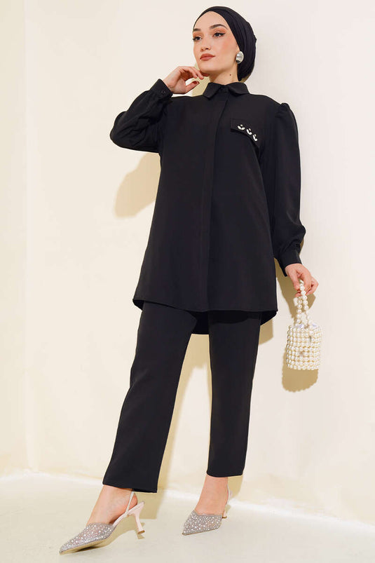 Black Two-Piece Set with Cap Cover Stone Detail