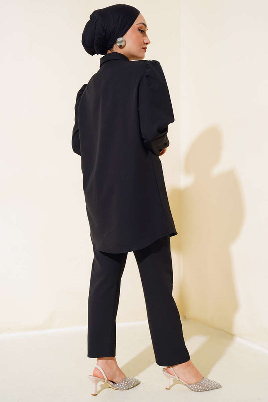 Black Two-Piece Set with Cap Cover Stone Detail