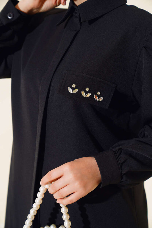 Black Two-Piece Set with Cap Cover Stone Detail