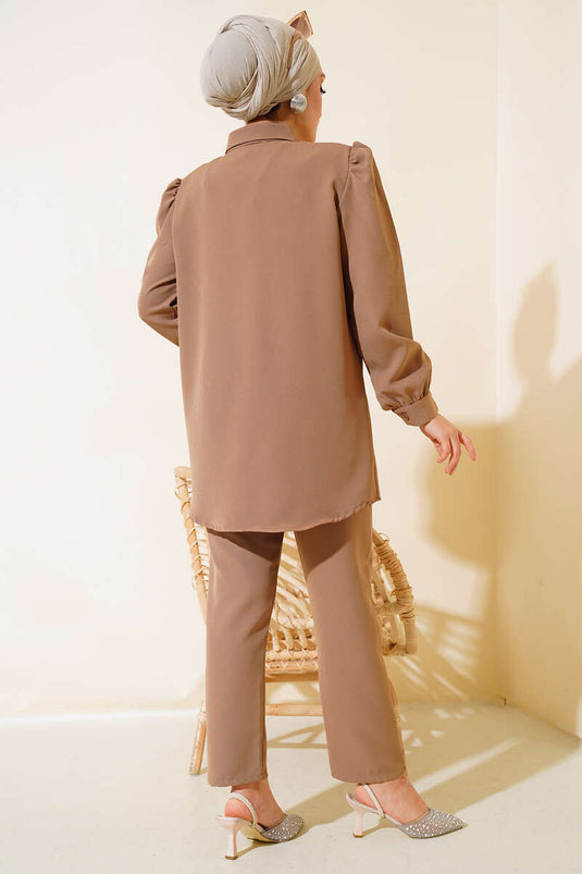 Cap Cover Stone Detailed Two-Piece Set Beige