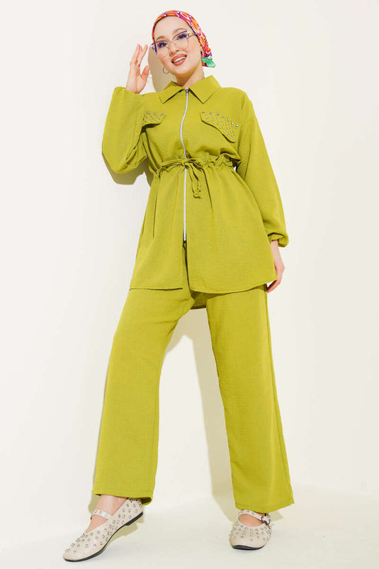 Pocket Flap Embellished Linen Set with Waist Tunnel, Pistachio Green