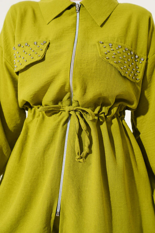 Pocket Flap Embellished Linen Set with Waist Tunnel, Pistachio Green