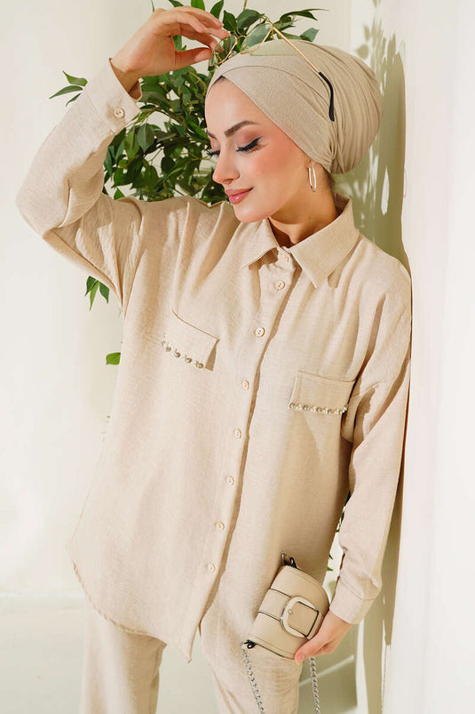 Costume double en lin orné de perles avec rabats de poche Beige